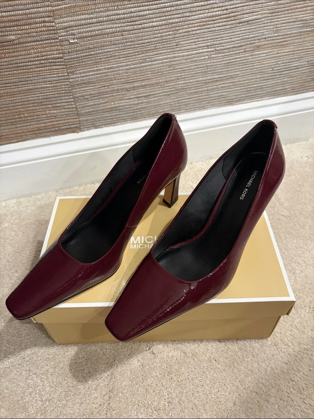 Michael Kors Burgundy Patent Leather Mid Block Heel Pumps
